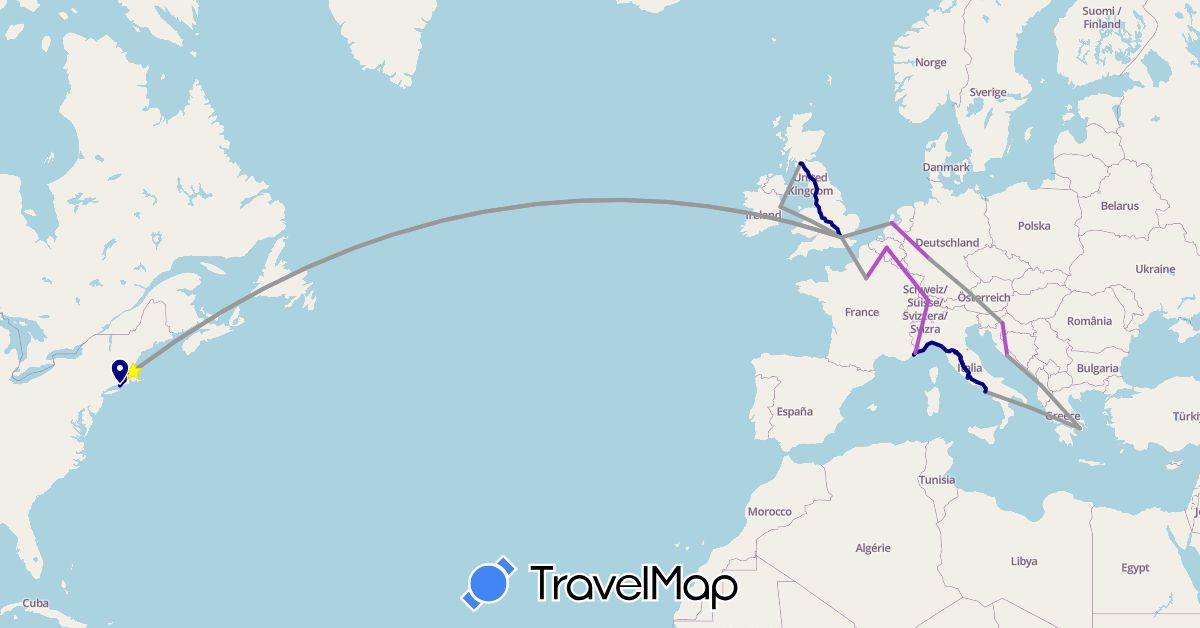 TravelMap itinerary: driving, plane, train in Albania, Belgium, Switzerland, Germany, France, United Kingdom, Greece, Croatia, Ireland, Italy, Netherlands, United States (Europe, North America)